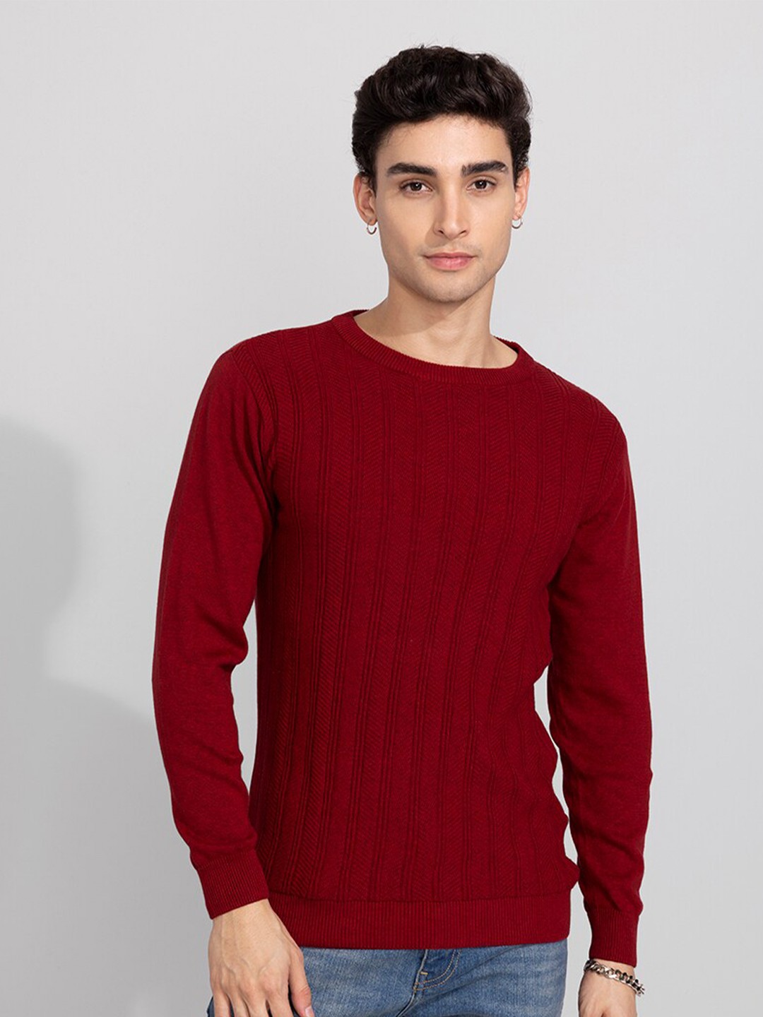 

Snitch Men Red Self Design Cotton Pullover Sweater