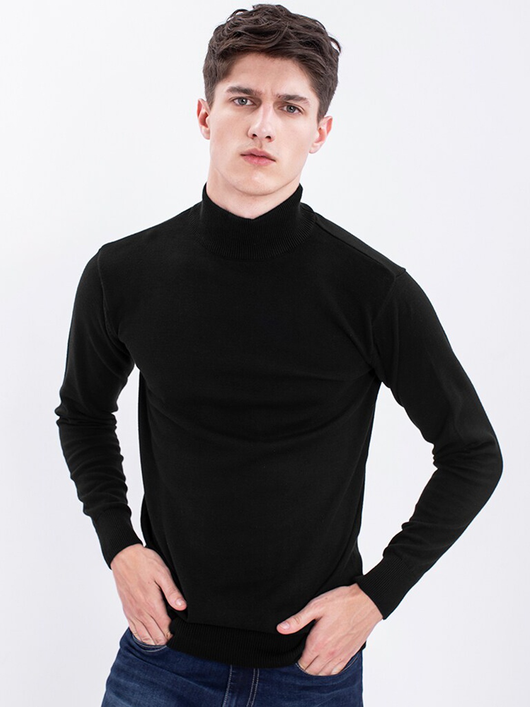 

Snitch Men Black Turtle Neck Cotton Sweater