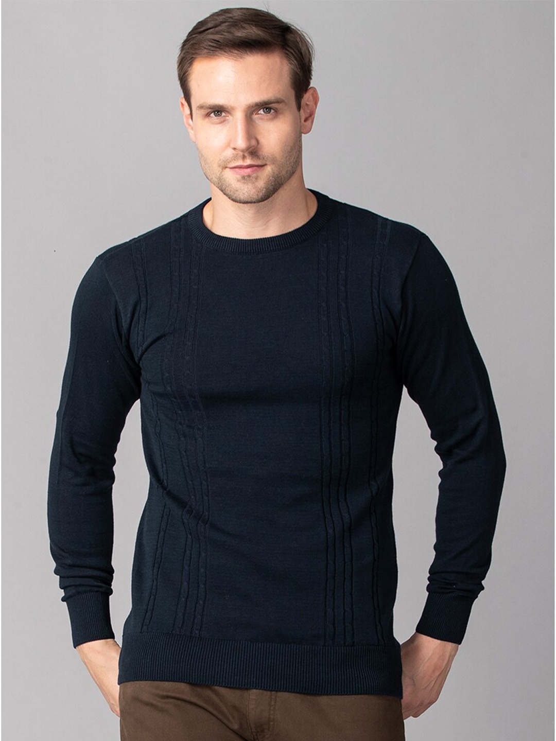 

Snitch Men Navy Blue Striped Cotton Pullover Sweater