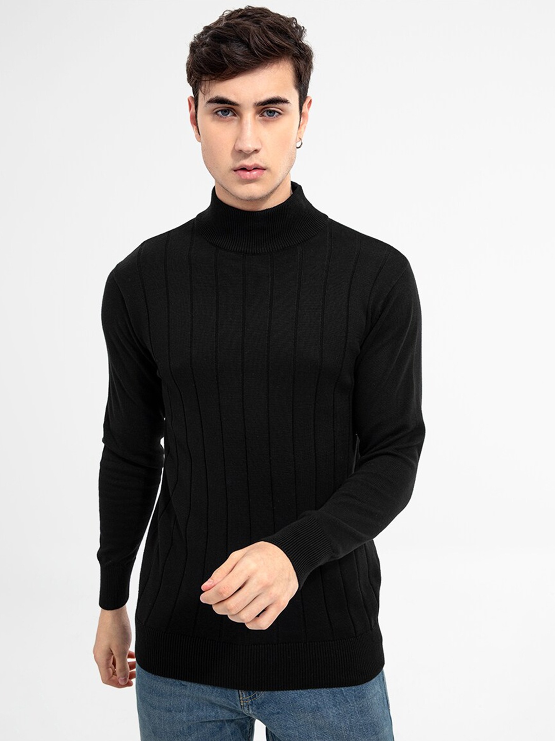 

Snitch Men Black Striped Turtle Neck Cotton Sweater