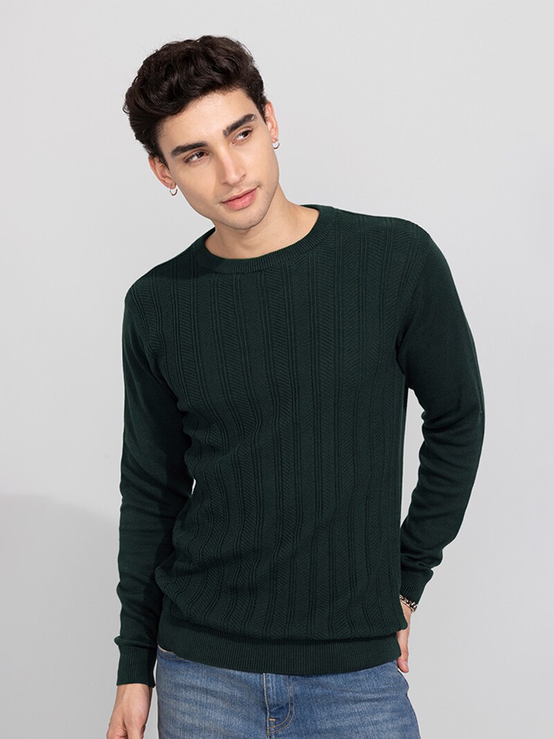 

Snitch Men Olive Green Striped Cotton Pullover Sweater