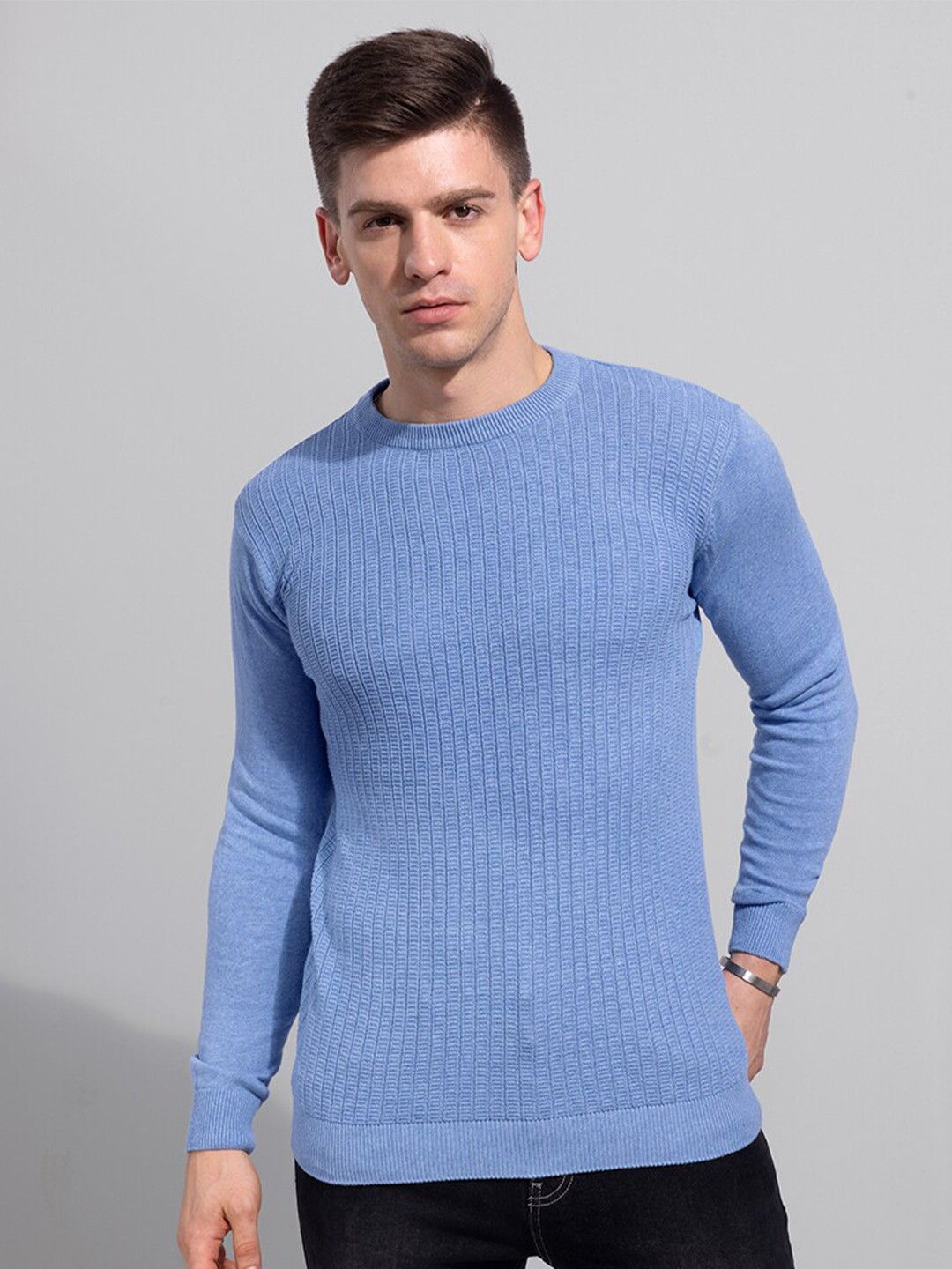 

Snitch Men Blue Self Design Cotton Pullover Sweater