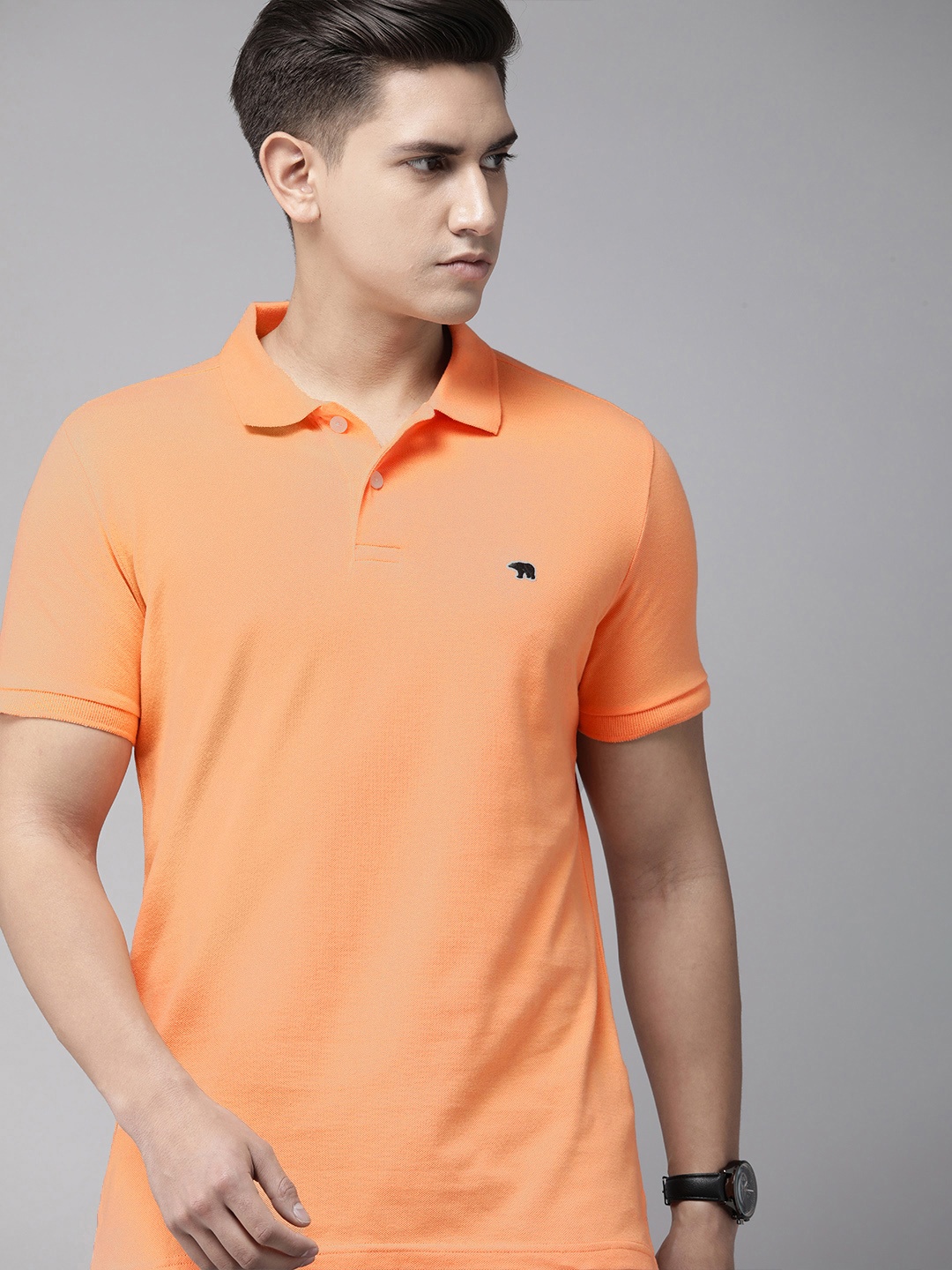 

THE BEAR HOUSE Men Polo Collar Pure Cotton Slim Fit T-shirt, Orange