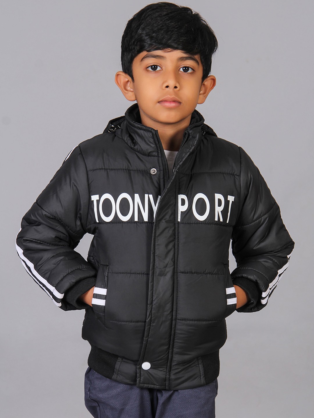 

Toonyport Boys Black & White Typography Hooded Bomber Jacket
