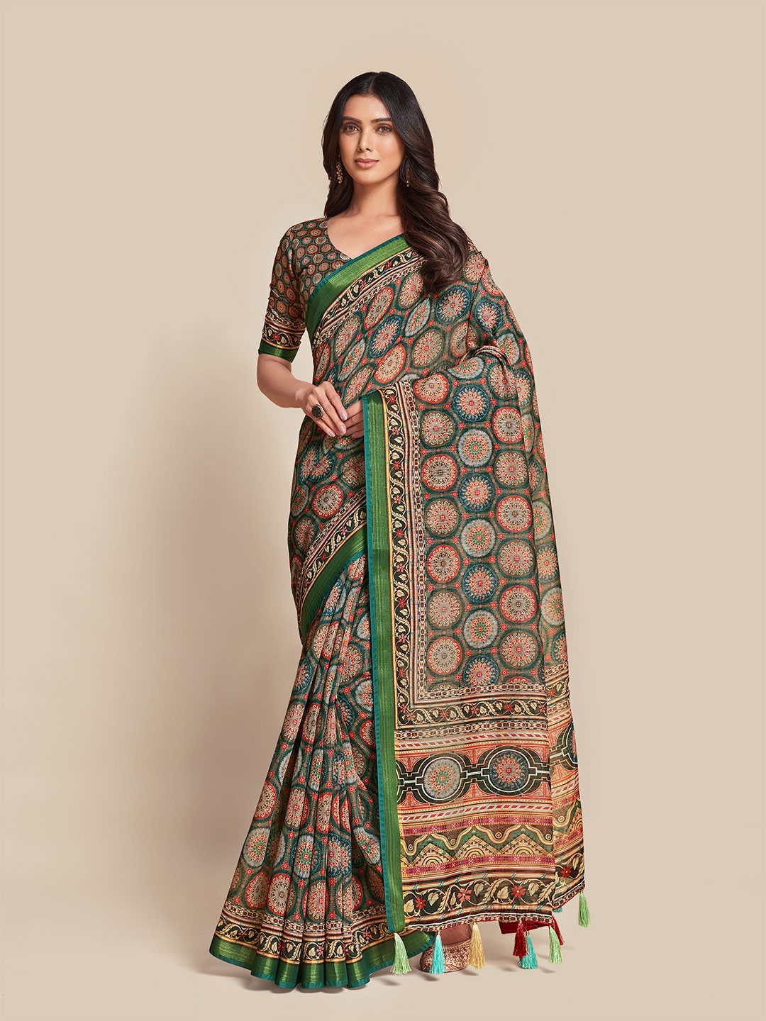 

all about you Teal & Green Ethnic Motifs Printed Saree