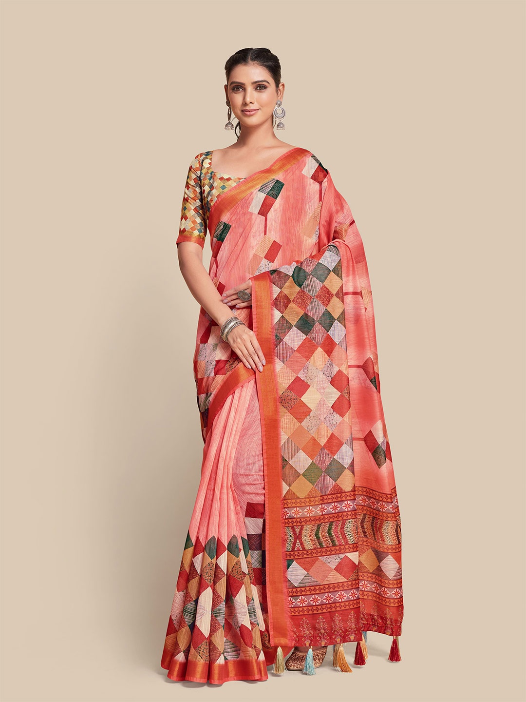 

all about you Peach-Coloured & Olive Green Printed Cotton Blend Saree