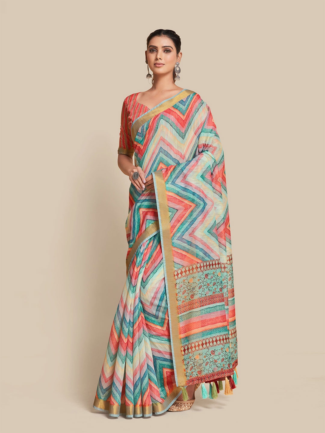 

all about you Teal & Pink Printed Cotton Blend Saree