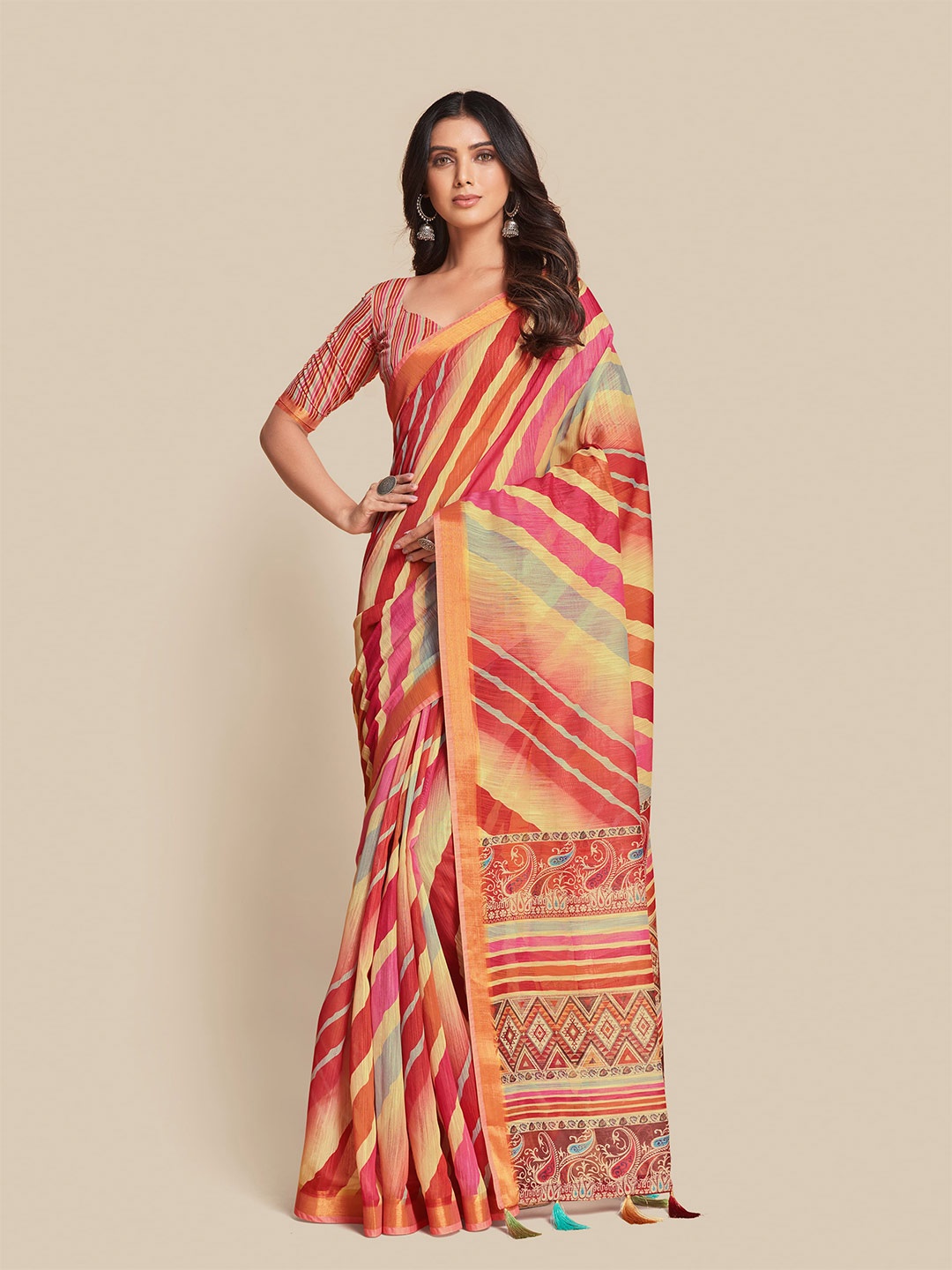 

all about you Red & Green Striped Leheriya Saree