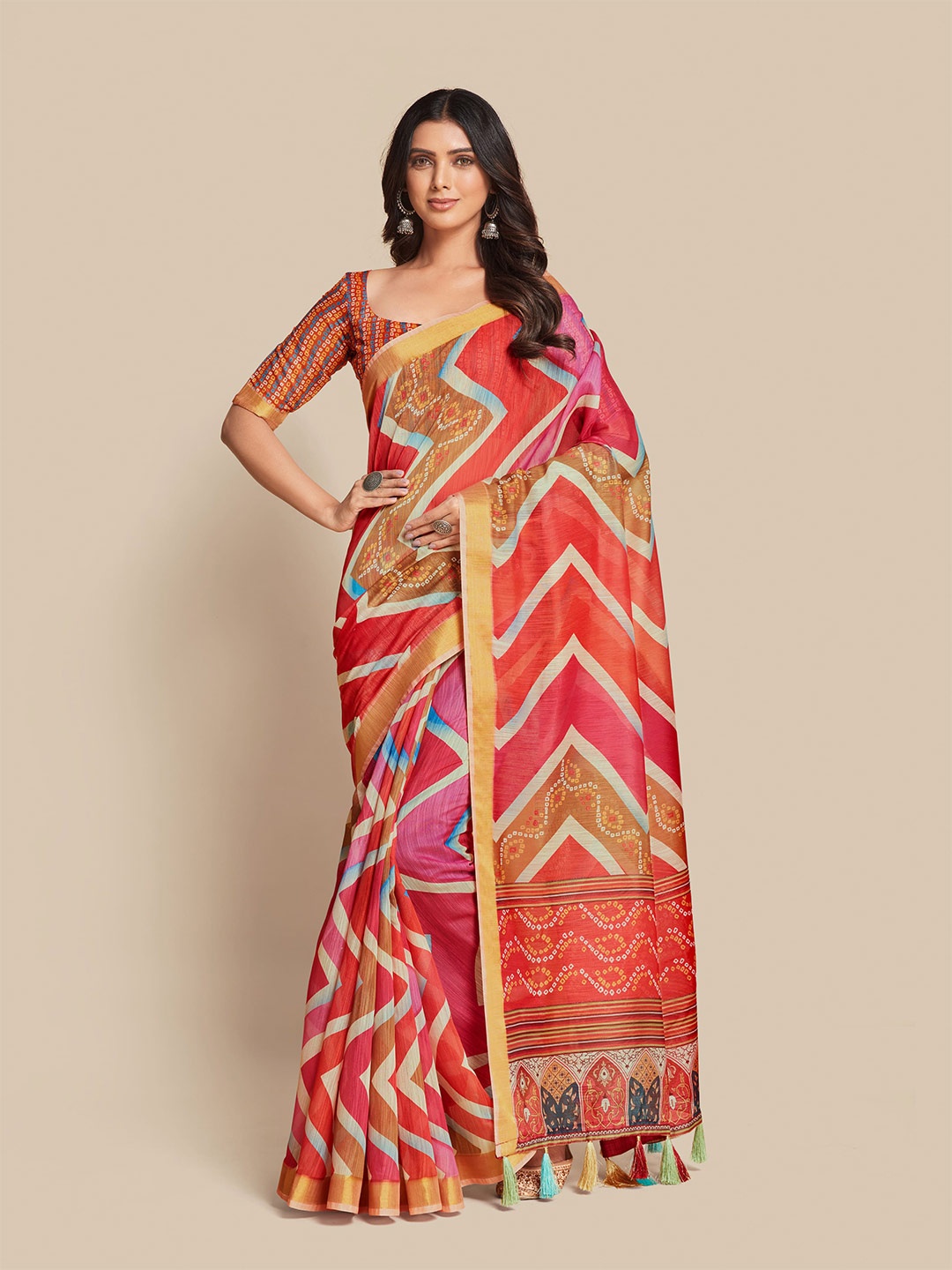 

all about you Red & Cream-Coloured Bandhani Printed Saree