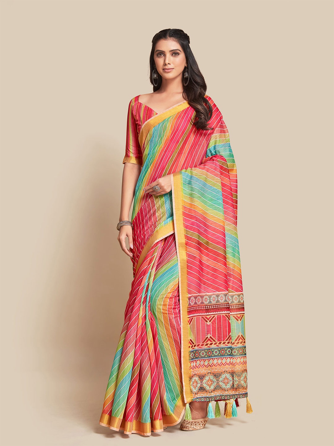 

all about you Red & Blue Striped Cotton Blend Saree
