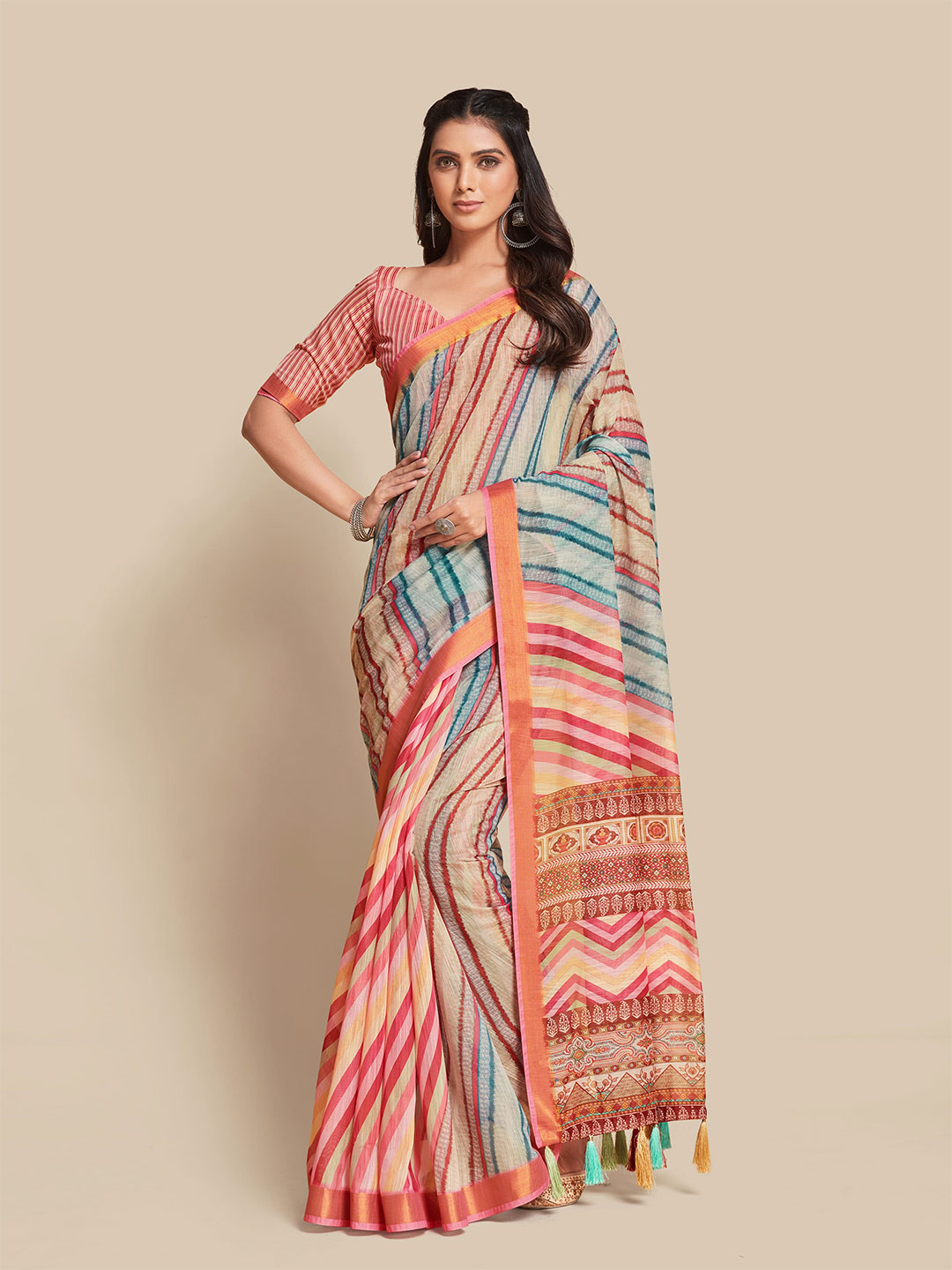 

all about you Pink & Blue Leheriya Printed Saree