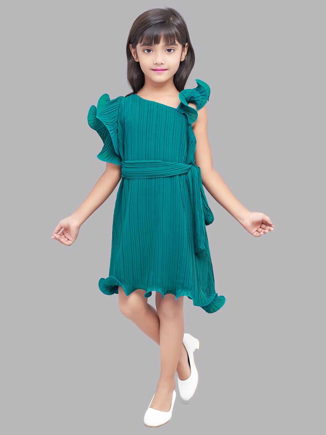 

Pink Chick Girls Teal One Shoulder Georgette A-Line Dress