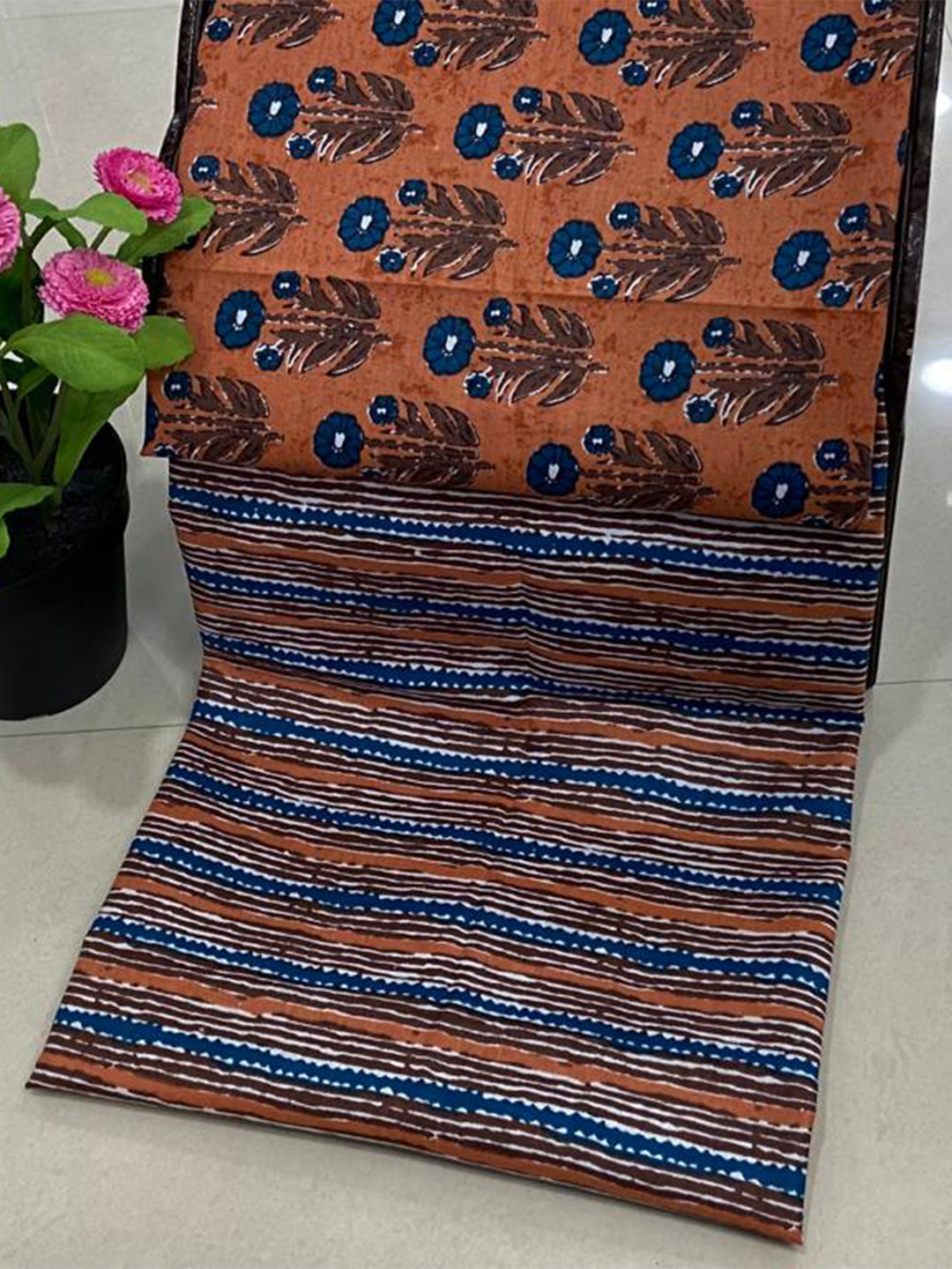 

SALWAR STUDIO Orange & Blue Printed Pure Cotton Unstitched Dress Material
