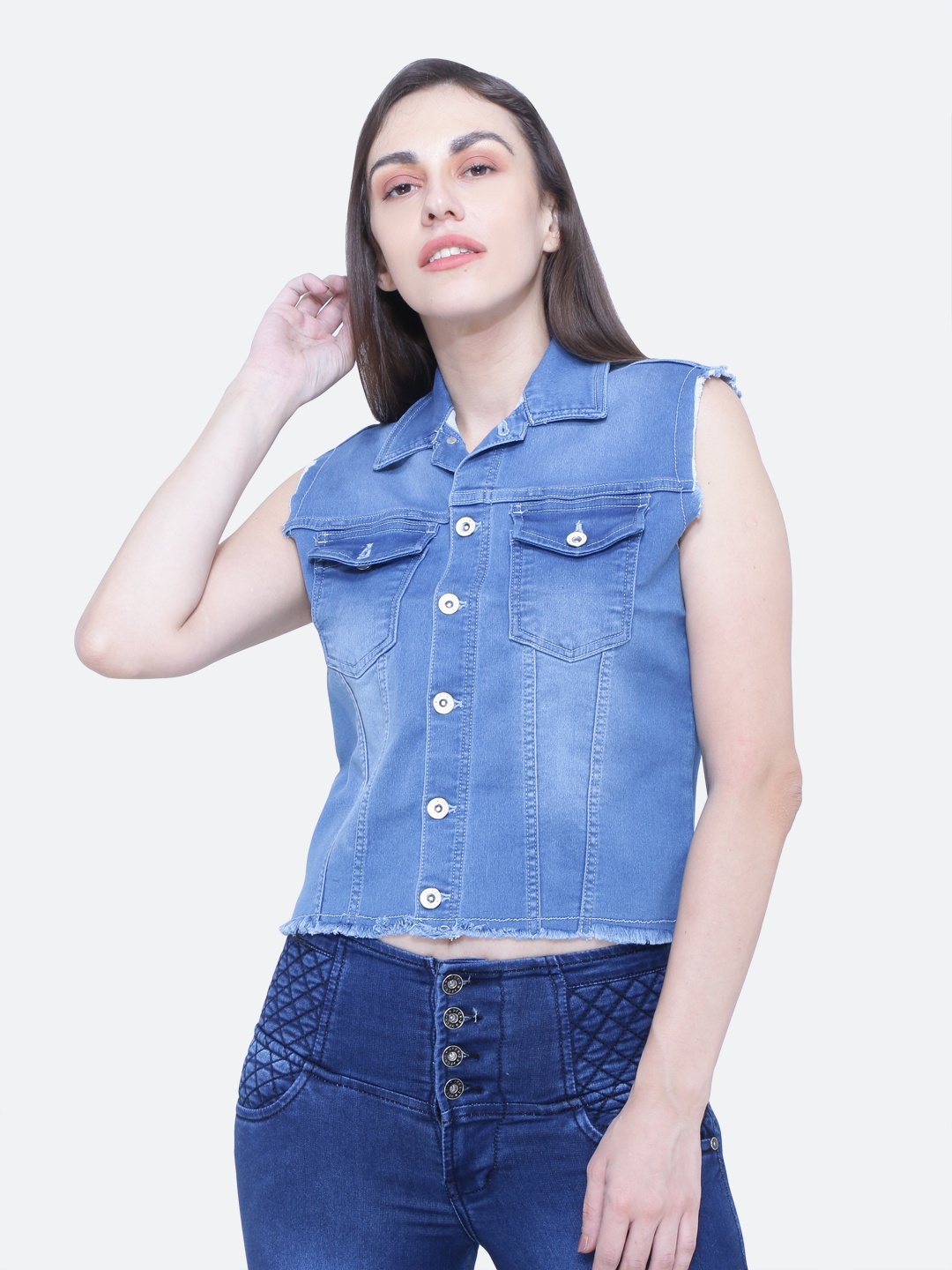 

FCK-3 Women Blue Washed Crop Cotton Denim Jacket