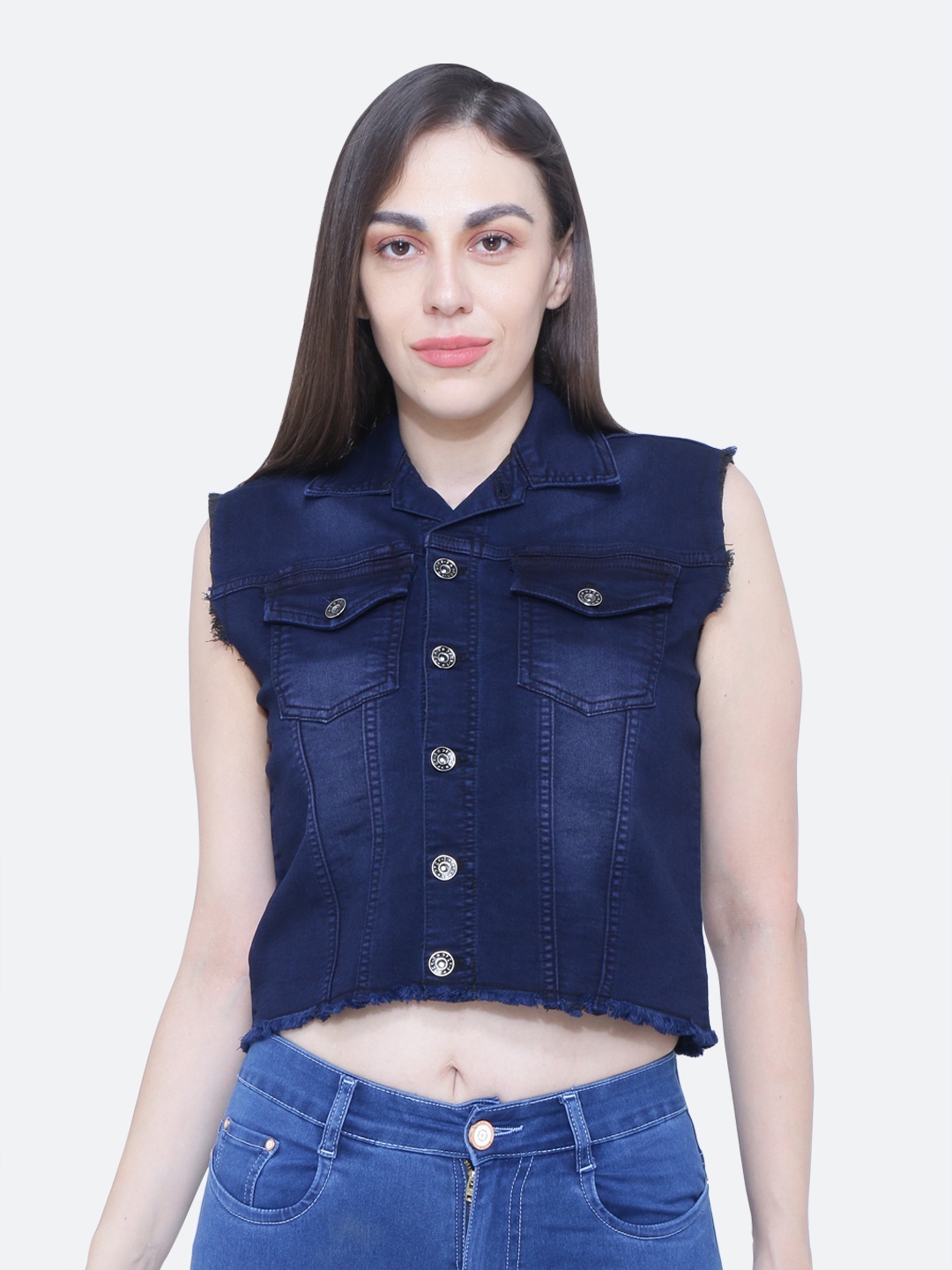 

FCK-3 Women Navy Blue Washed Crop Cotton Denim Jacket