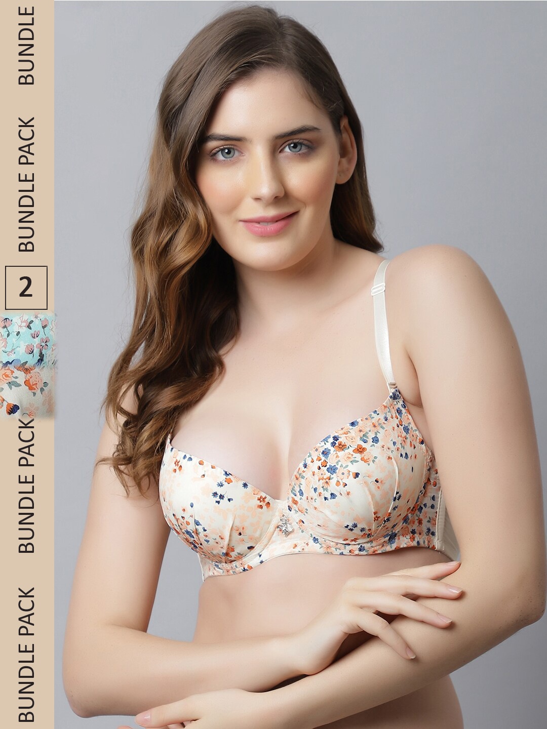 

Friskers Pack Of 2 Beige & Turquoise Blue Floral Bra Underwired Lightly Padded