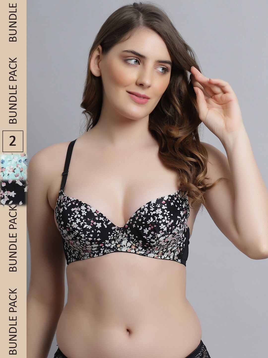

Friskers Pack Of 2 Black & Blue Floral Printed Bra Underwired Lightly Padded