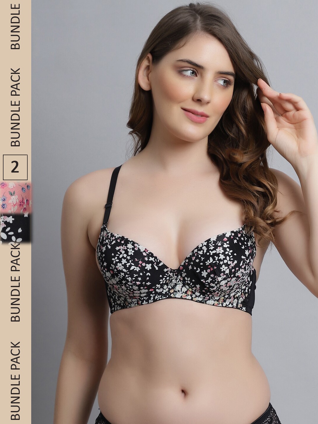 

Friskers Pack Of 2 Black & Peach Floral Bra Underwired Lightly Padded