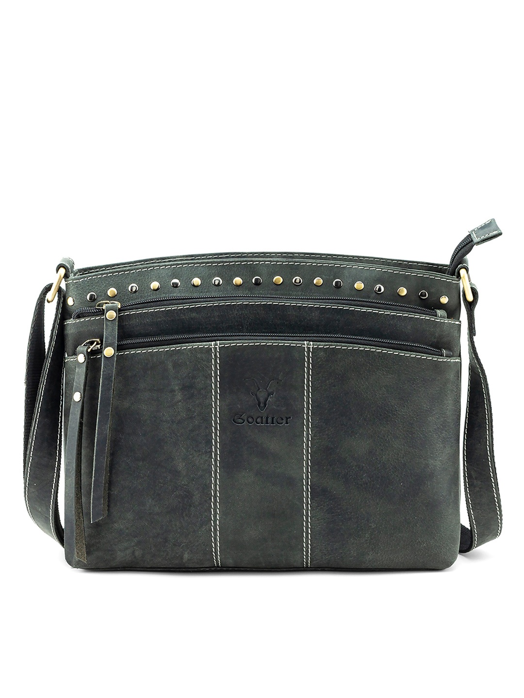 

Goatter Black Leather Structured Sling Bag