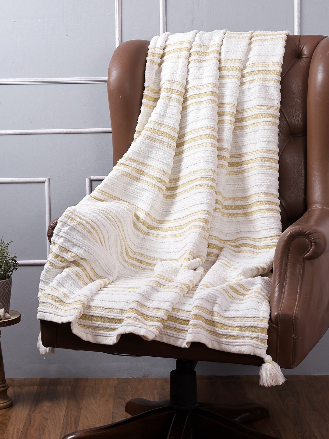 

KRAVIKA White & Yellow Striped Cotton Throws