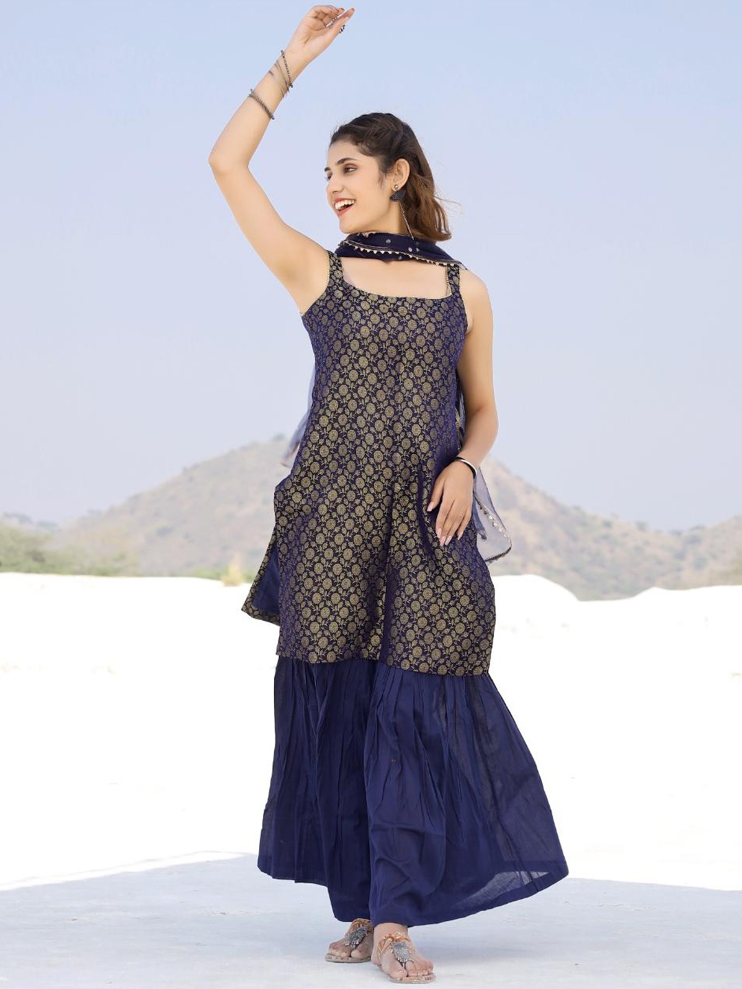 

Baisacrafts Women Navy Blue Floral Gotta Patti Kurta with Sharara & Dupatta