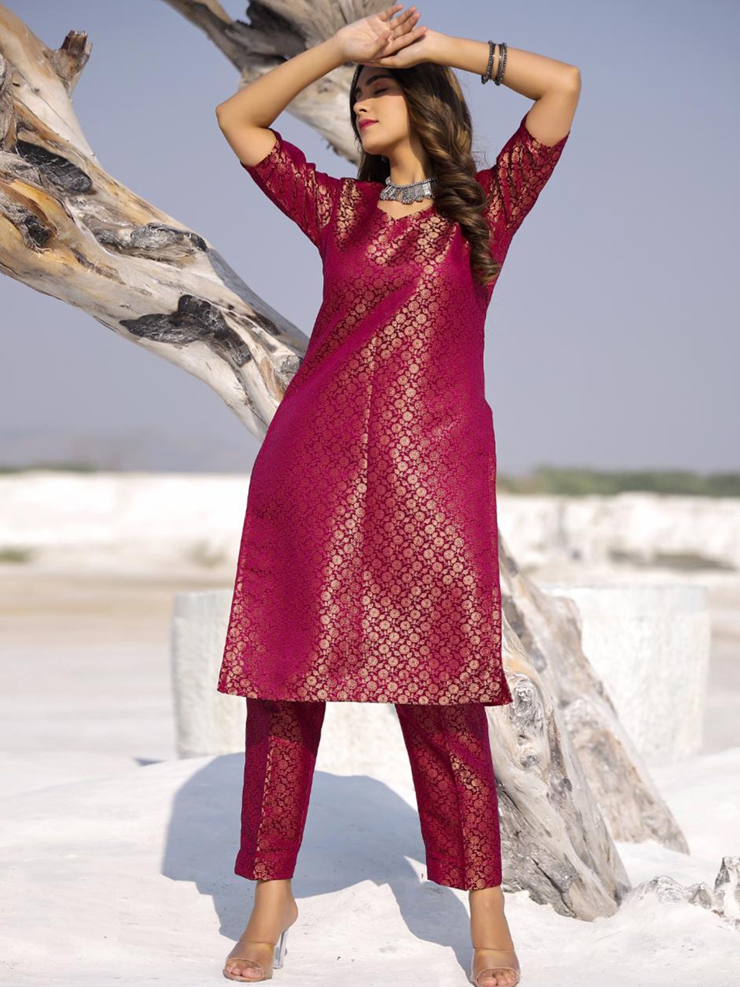 

Baisacrafts Women Maroon Brocade Kurta with Trouser