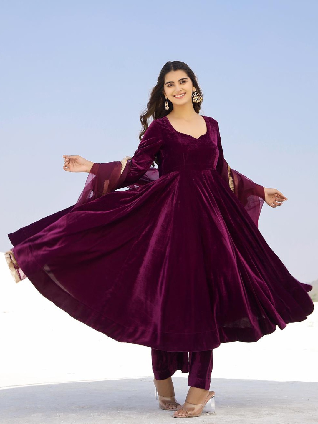

Baisacrafts Women Purple Beads and Stones Velvet Kurta with Trousers & With Dupatta