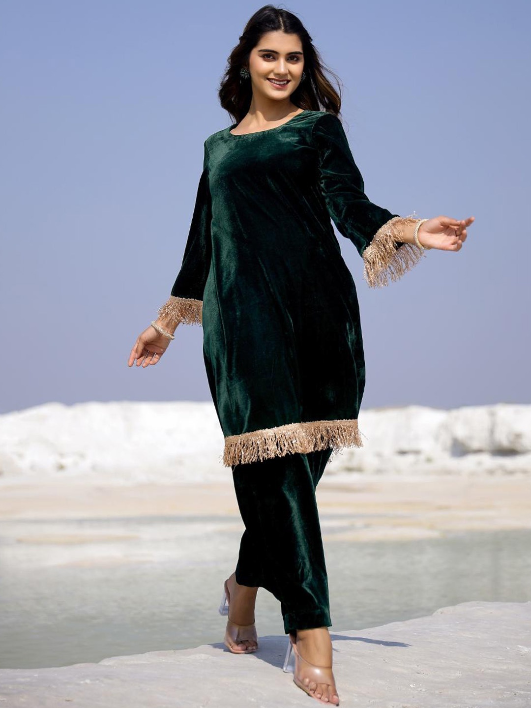 

Baisacrafts Women Green Velvet Kurta with Trousers