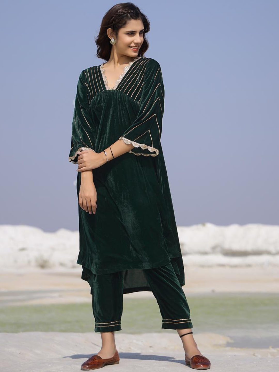 

Baisacrafts Women Green Pleated Gotta Patti Velvet Kurti with Trousers