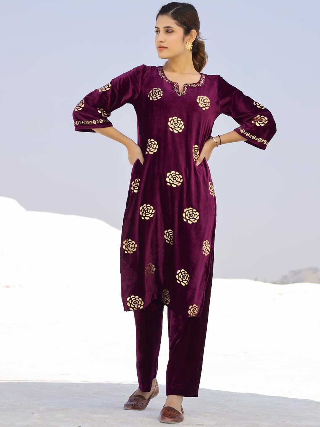 

Baisacrafts Women Purple Floral Printed Velvet Kurta with Trousers