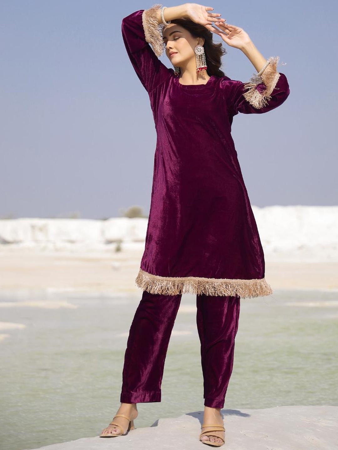 

Baisacrafts Women Purple Velvet Kurta with Trouser Set