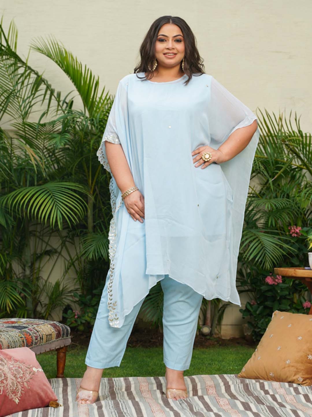 

NANGALIA RUCHIRA Women Blue Size Georgette Gotta Patti Kaftan With Top Trousers Set