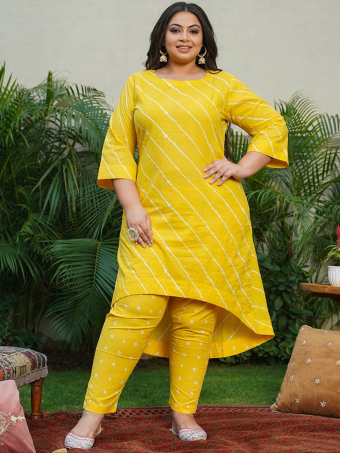 

NANGALIA RUCHIRA Women Plus Size Yellow Pure Cotton Kurta with Trousers