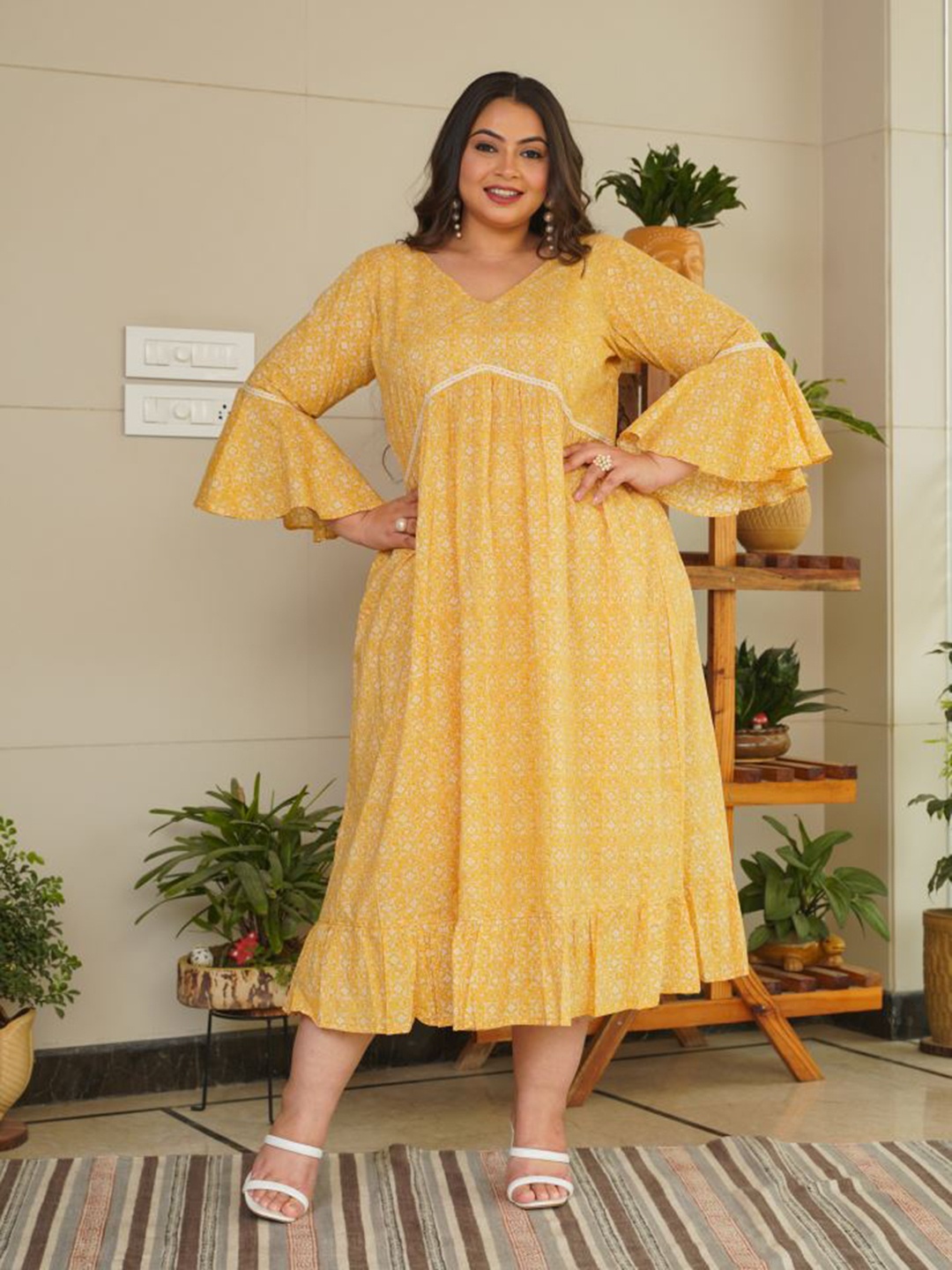 

NANGALIA RUCHIRA Yellow & White Plus Size Floral Printed A-Line Midi Cotton Dress