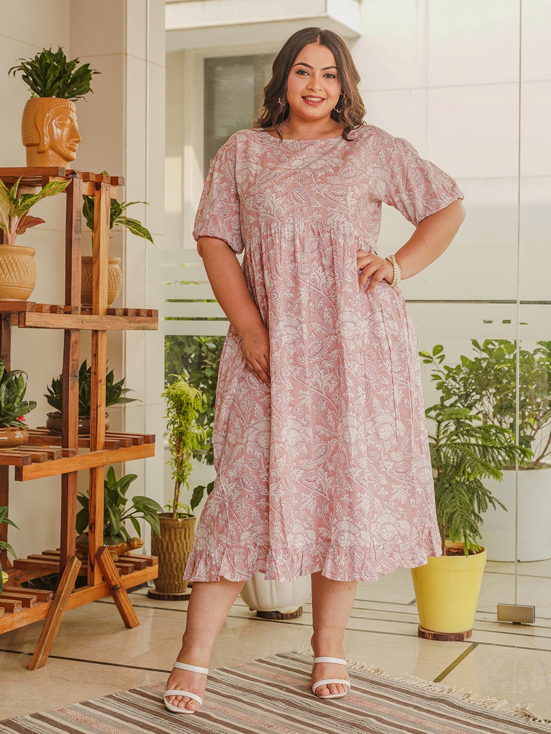 

NANGALIA RUCHIRA Plus Size Pink & White Floral Printed A-Line Midi Cotton Dress