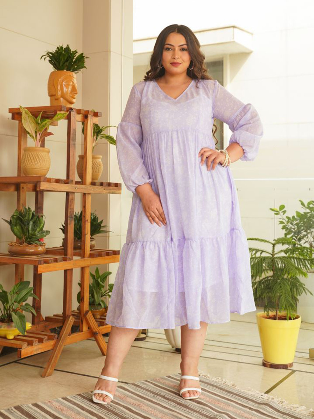 

NANGALIA RUCHIRA Plus Size Lavender Floral Printed A-Line Maxi Cotton Dress