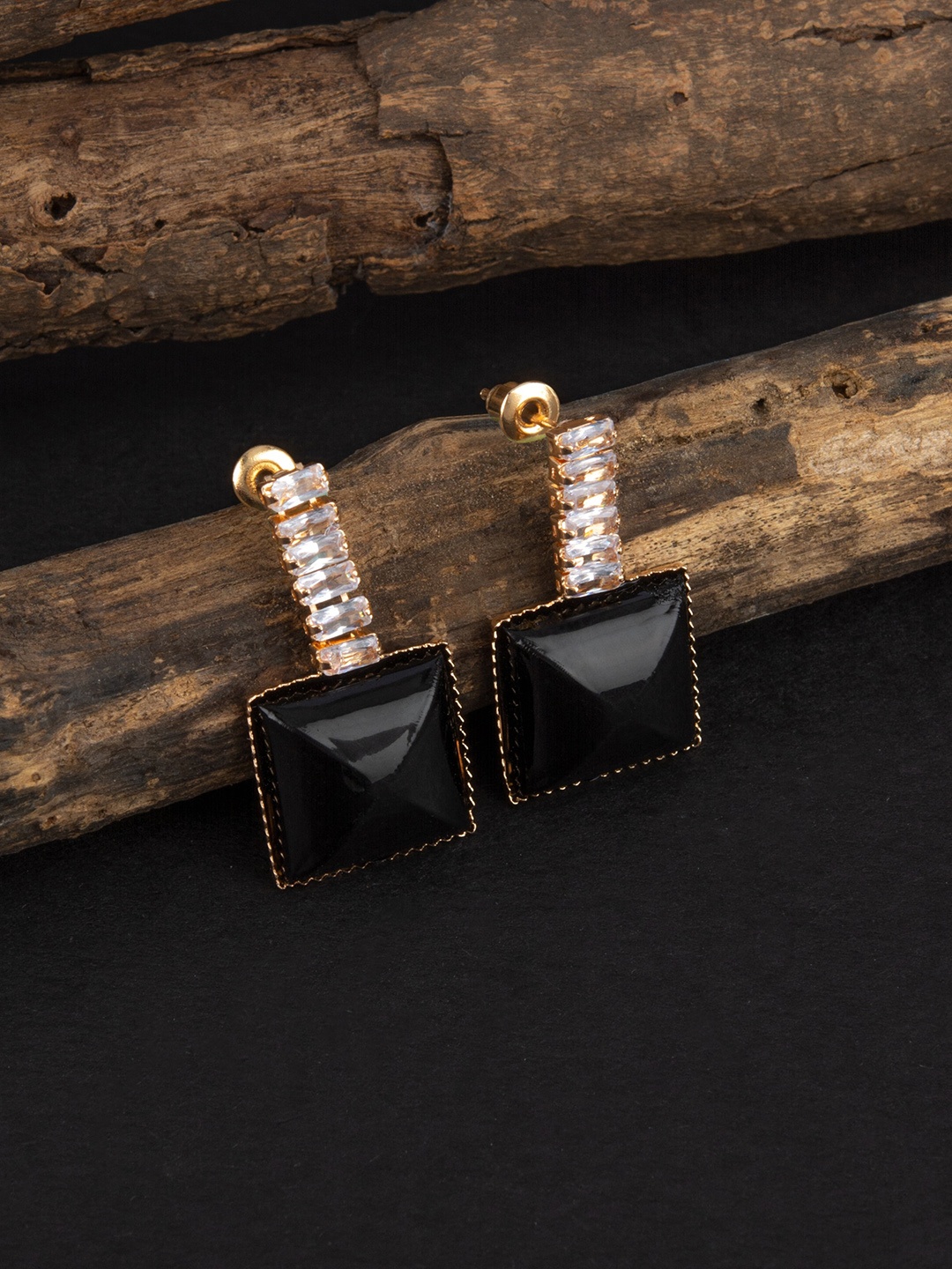 

E2O Black Beads & Gold-Plated Square Drop Earrings