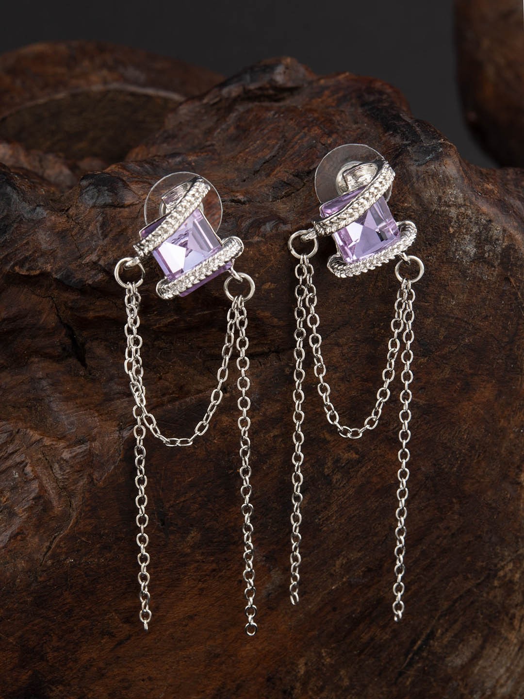 

E2O Silver-Plated & Lavender CZ Teardrop Shaped Drop Earrings