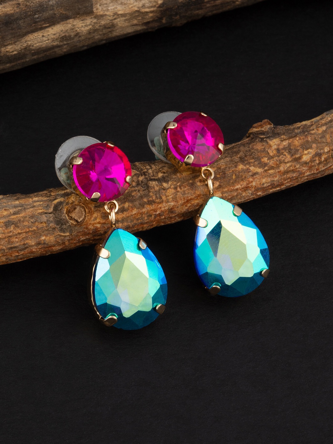 

E2O Blue & Pink Beads Gold-Plated Contemporary Drop Earrings