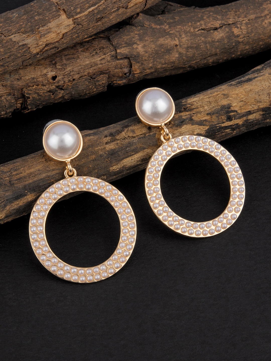 

E2O White Beads Embellished Gold-Plated Circular Drop Earrings