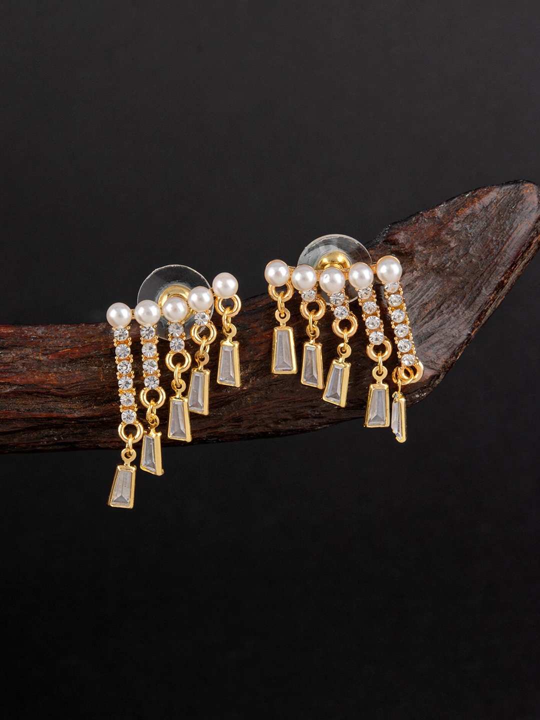 

E2O White Stone Studded Gold-Plated Contemporary Drop Earrings