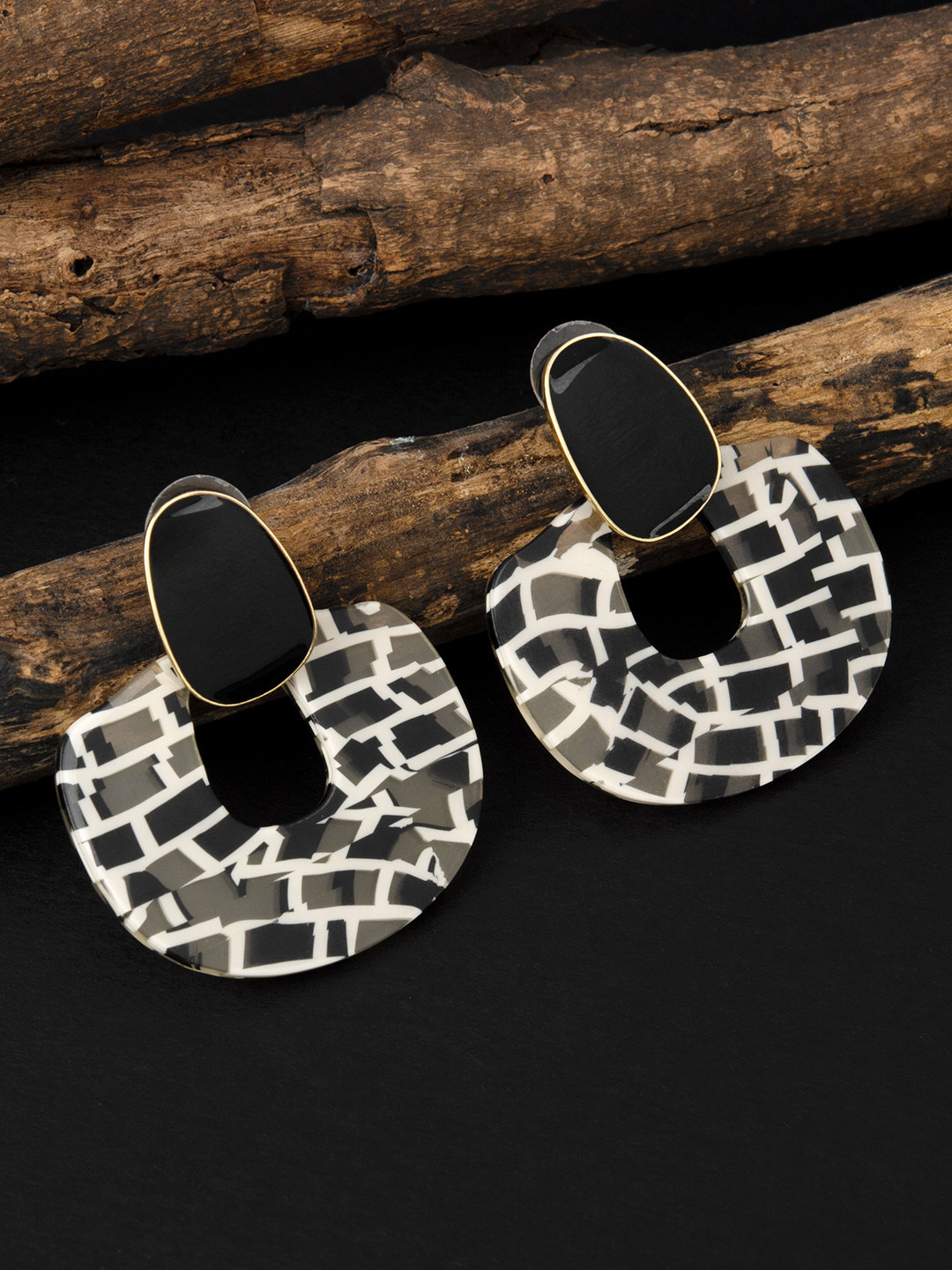 

E2O Black & White Gold Plated Contemporary Drop Earrings
