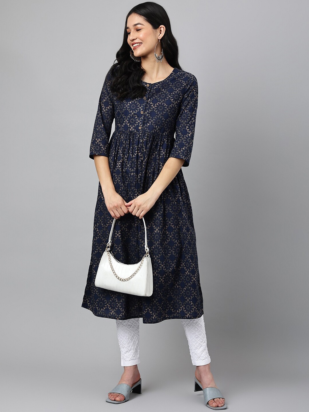 

Ashlee Ethnic Printed A-Line Cotton Kurta, Navy blue