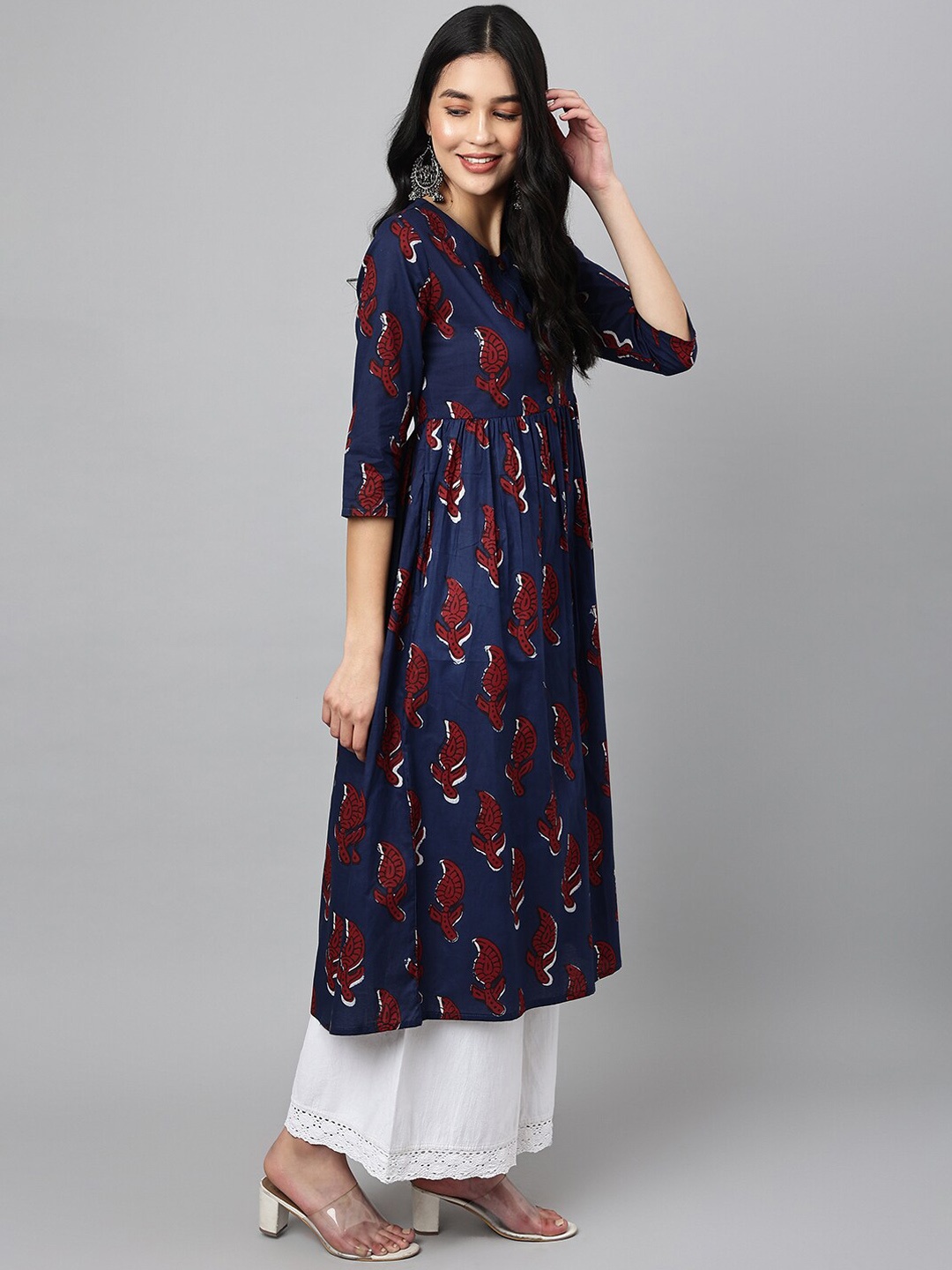 

Ashlee Women Navy Blue & Maroon Ethnic Printed Cotton Kurta