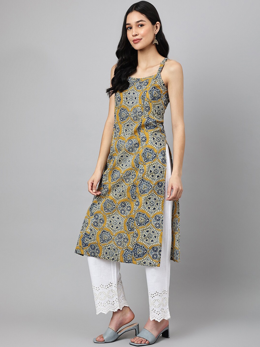 

Ashlee Women Mustard Yellow & Blue Ethnic Printed Cotton Kurta