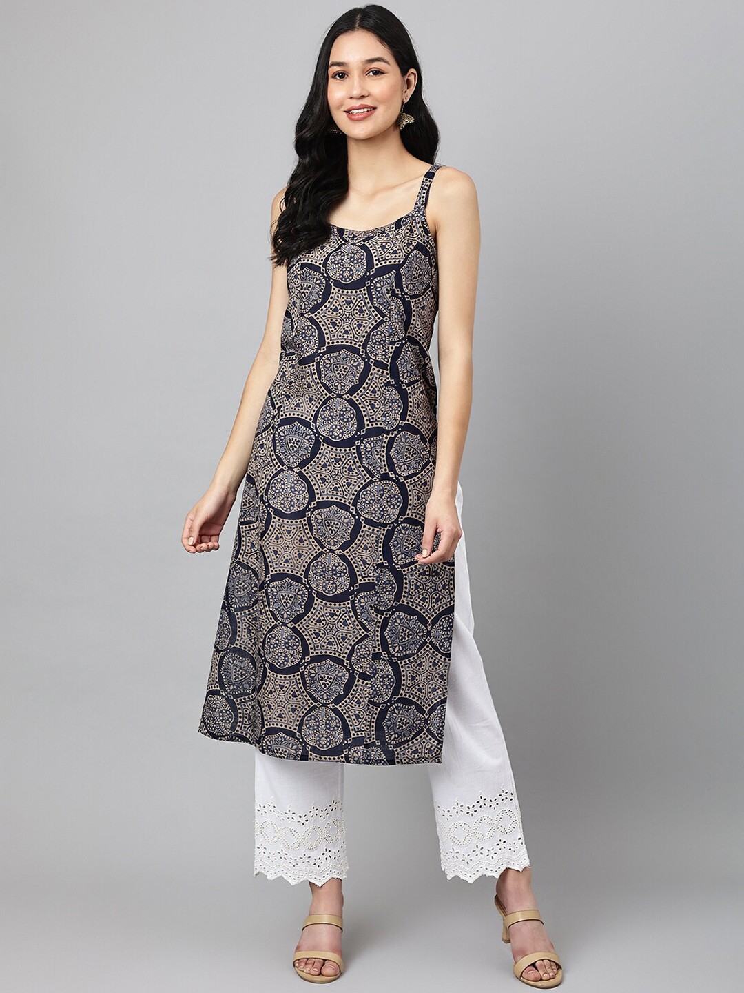 

Ashlee Women Blue & Gold Ethnic Motifs Printed Cotton Kurta