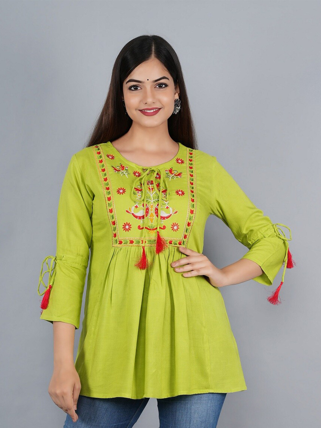 

Ashlee Women Lime Green & Red Floral Embroidered Tie-Up Neck Empire Top
