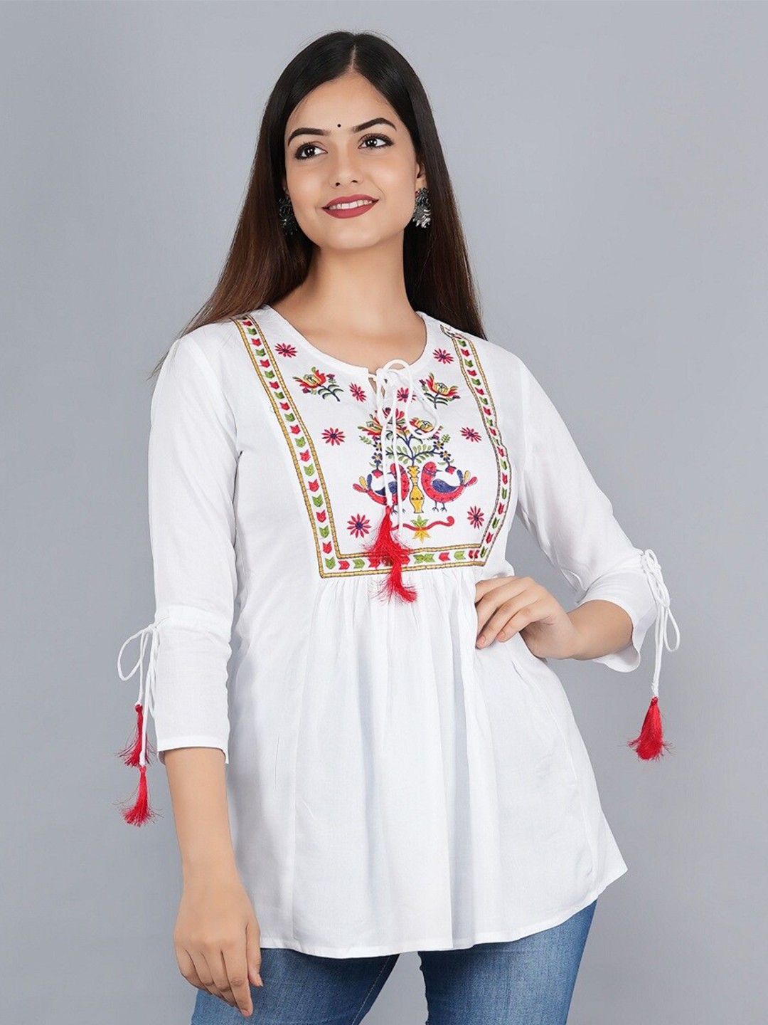 

Ashlee Women White & Red Floral Embroidered Tie-Up Neck Empire Top