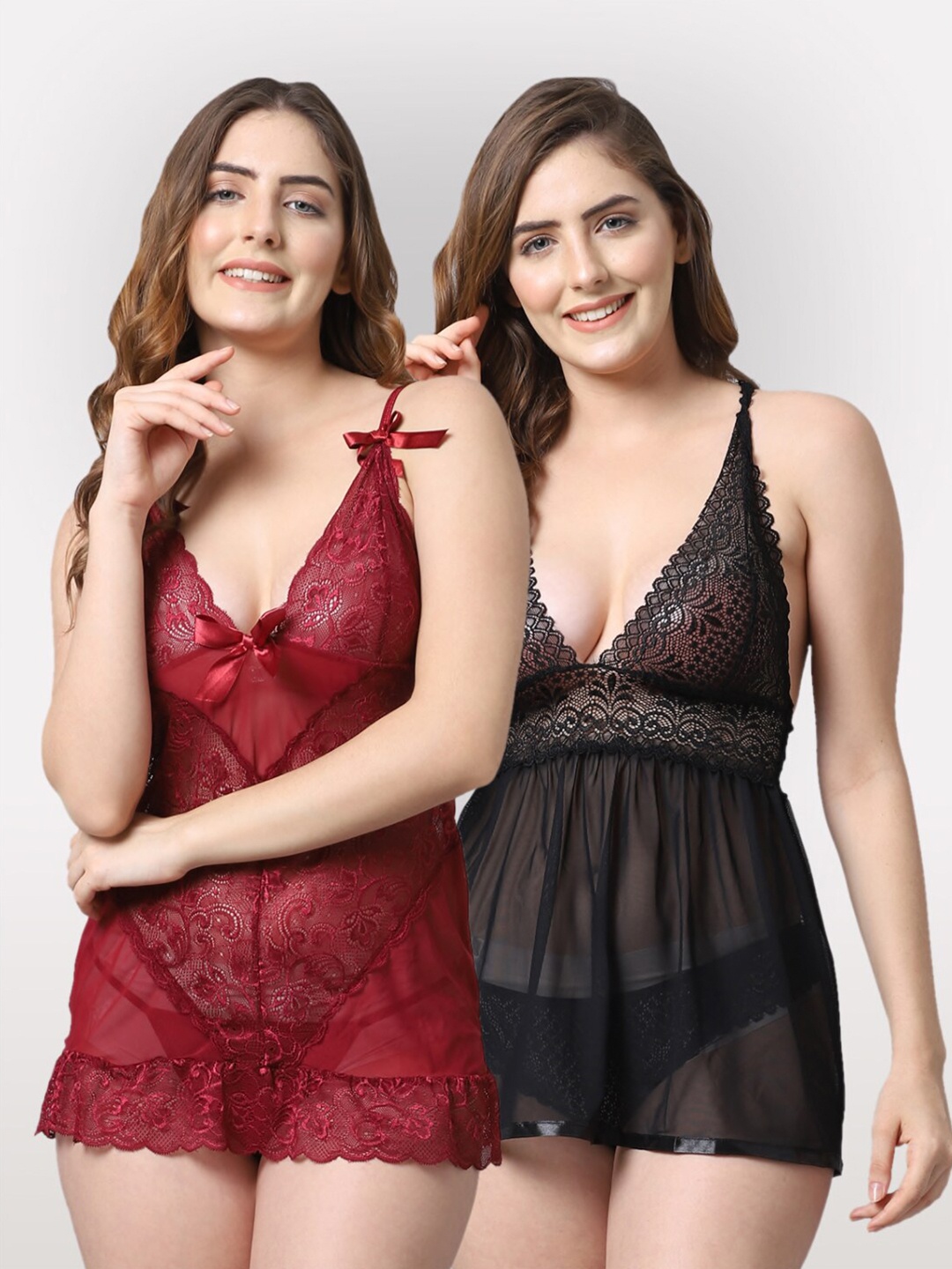 

Shararat Maroon & Black Pack Of 2 Laced Baby Doll