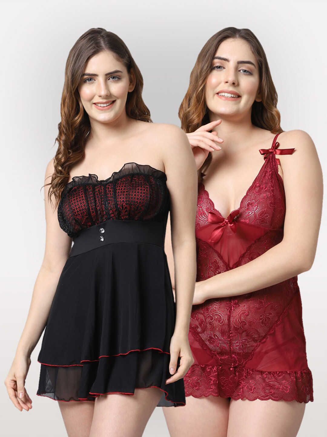 

Shararat Black & Maroon Pack Of 2 Laced Baby Doll